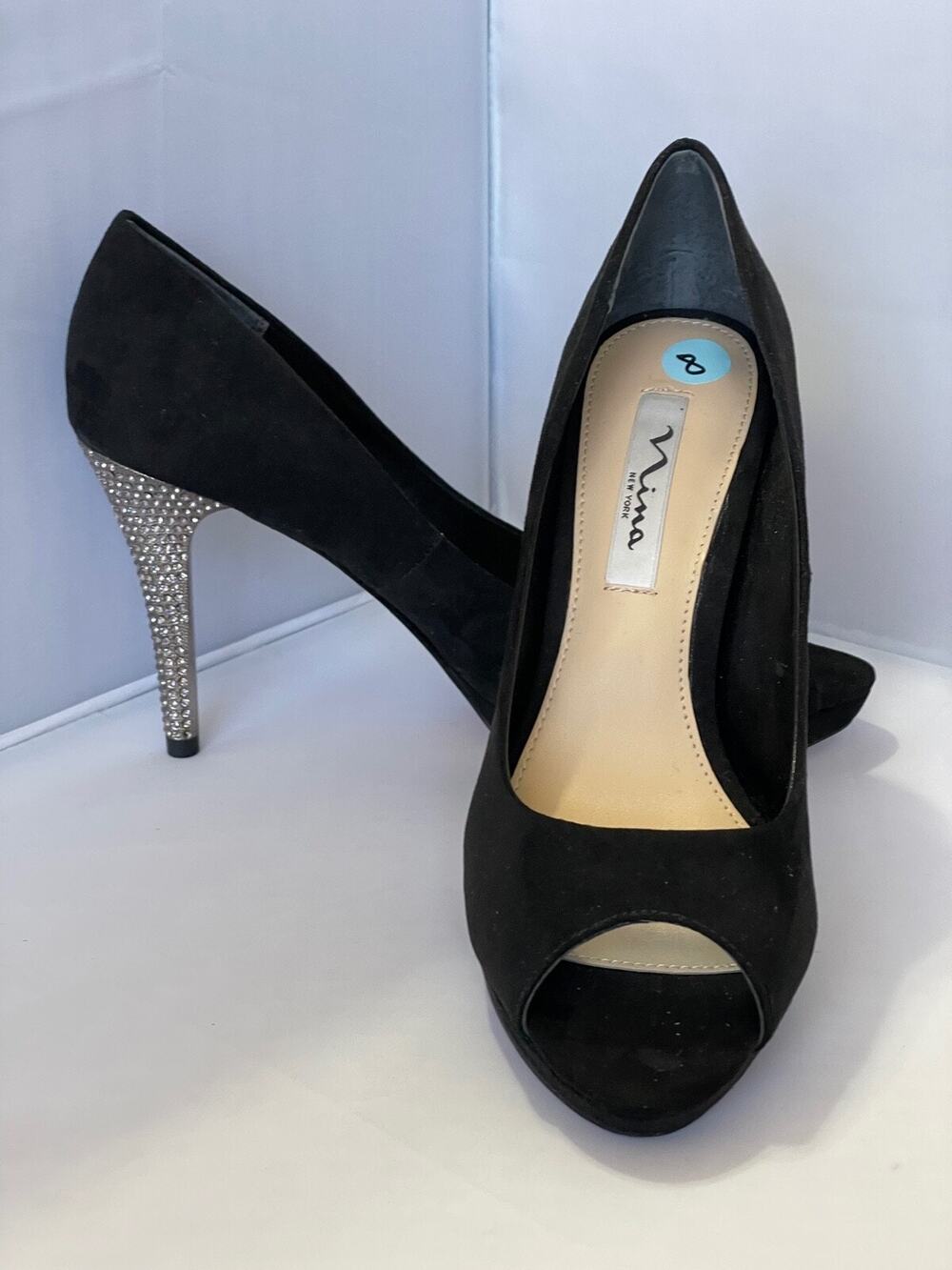 Nina Fiesta Rhinestone Heel Black Peep-Toe Evening Pumps Size 8